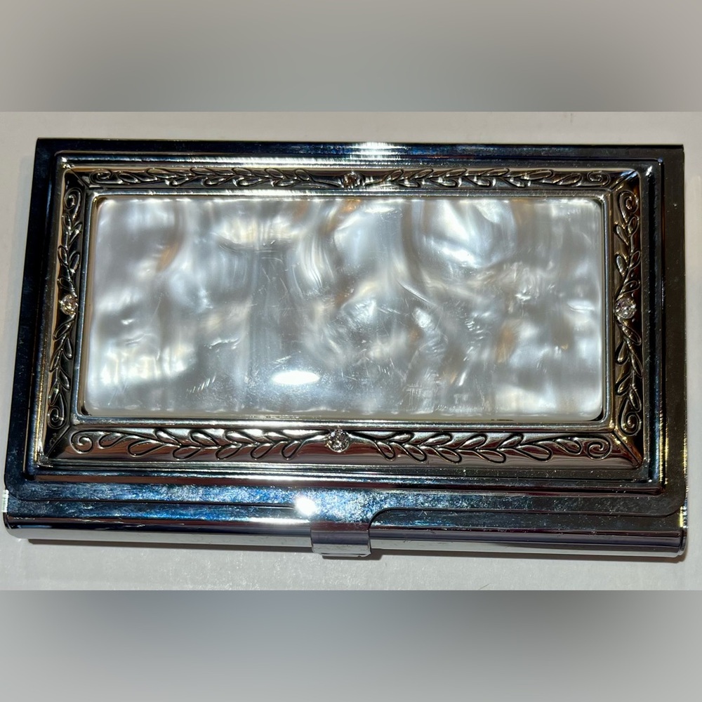 Brighton Mother of Pearl Silver Toned Tapestry Business Card Case